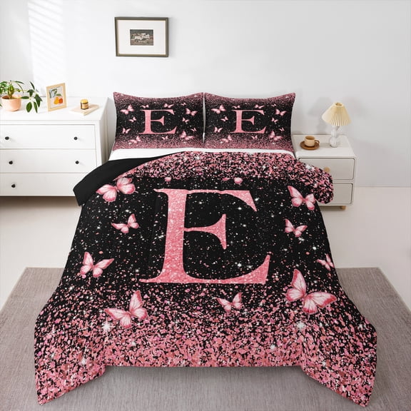 Homewish Initial E Letter Bedding Comforter Set, Black Pink Sequin Print Twin Comforter Sets, Romantic Butterfly Animal Reversible Bedding Set, Luxury Bedroom Decor, 2pcs