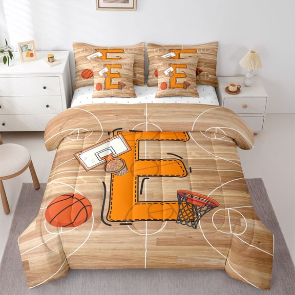 Homewish Initial E Letter Twin Bedding Sets 7-Piece for Teen, Basketball Sports Lover Bedding Comforter Set, Cartoon Ball Player Reversible Sheet Sets, Luxury Bedroom Decor