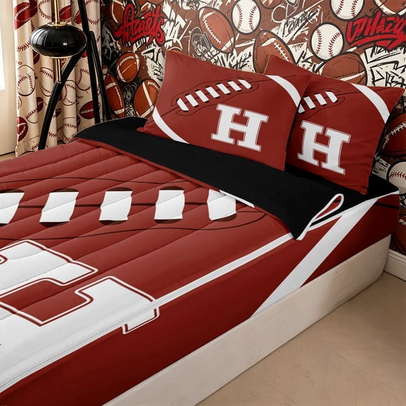 Homewish Initial H Football Print Zipper Twin Comforter Sets with Fitted Sheet and 2 Pillowcases for Boys Girls,Teens Sport Rugby Zipper Bedding Set,4-Piece,Black Reversible