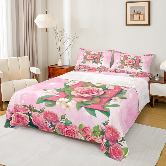 Homewish Initial H Letter Queen Sheet Sets, Pink Watercolor Flower Bedding, 4 Pieces