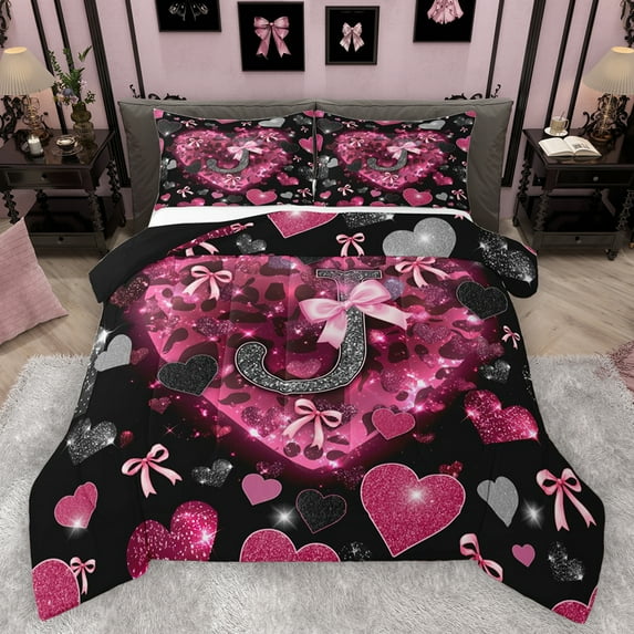 Homewish Initial J Letter Bedding Comforter Set, Kawaii Princess Bowknot Twin Comforter Sets, Romantic Love Heart Reversible Bedding Set, Lightweight Room Decor, 2 Pieces