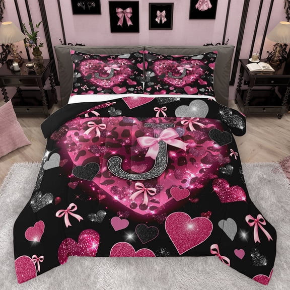 Homewish Initial J Letter Queen Comforter Set, Kawaii Princess Bowknot Bedding Sets, Romantic Love Heart Reversible Bedding Comforter Set, Lightweight Room Decor, 3 Pieces