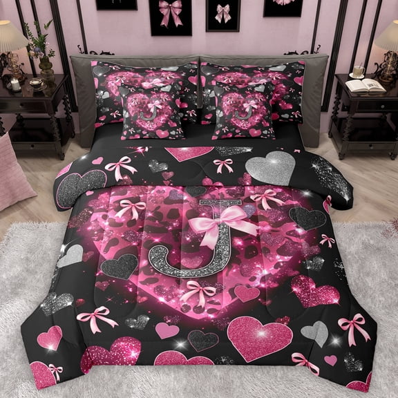 Homewish Initial J Letter Twin Bedding Sets 7-Piece, Kawaii Princess Bowknot Bedding Comforter Set, Romantic Love Heart Reversible Sheet Sets, Lightweight Room Decor