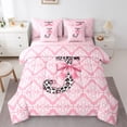 thumbnail image 1 of Homewish Initial J Letter Twin Bedding Sets 7-Piece for Kids, Bohemian Damask Flower Bedding Comforter Set, Pink Princess Bowknot Reversible Sheet Sets, Breathable Home Decor, 1 of 7
