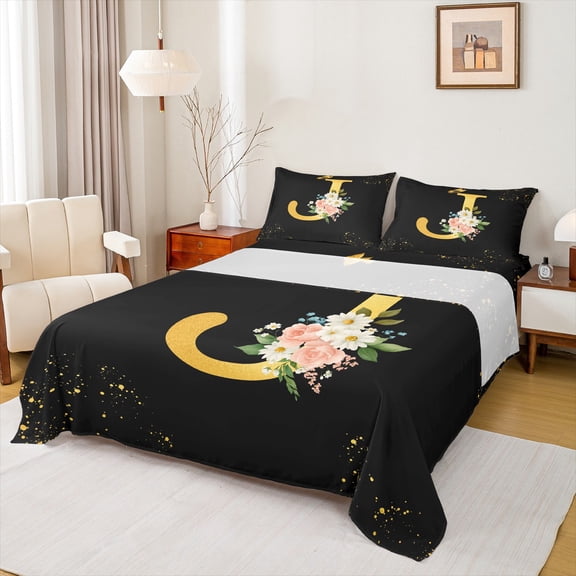 Homewish Initial J Letter Twin Sheet Sets, Butterfly Rose Floral Twin Fitted Sheet, Black Gold Sequin Print Flat Sheet, Breathable Home Decor, 3-Piece