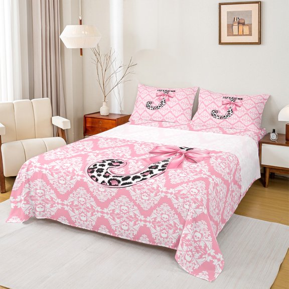 Homewish Initial J Letter Twin Sheet Sets for Kids, Bohemian Damask Flower Twin Fitted Sheet, Pink Princess Bowknot Flat Sheet, Breathable Home Decor, 3pcs