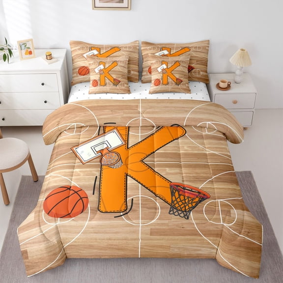 Homewish Initial K Letter Bedding Comforter Set 7-Piece for Teen, Basketball Sports Lover King Bedding Sets, Cartoon Ball Player Reversible Bed Sheets, Luxury Bedroom Decor