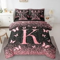 thumbnail image 1 of Homewish Initial K Letter Bedding Comforter Set 7pcs, Black Pink Sequin Print Queen Bedding Sets, Romantic Butterfly Animal Reversible Queen Sheet Sets, Luxury Bedroom Decor, 1 of 7