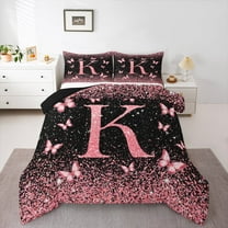 Homewish Initial K Letter Bedding Comforter Set, Black Pink Sequin Print Twin Comforter Sets, Romantic Butterfly Animal Reversible Bedding Set, Luxury Bedroom Decor, 2pcs