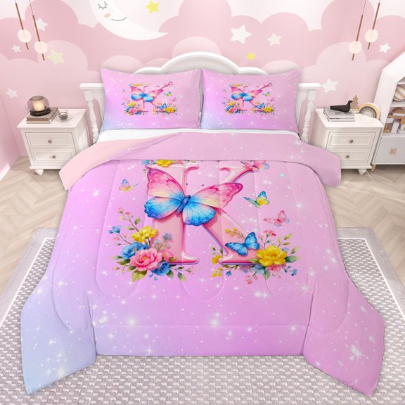 Homewish Initial K Letter Bedding Comforter Set for Child, Kawaii Pink Groovy Flower Twin Comforter Sets, Magic Butterfly Animal Reversible Bedding Set, Lightweight Room Decor, 2pcs
