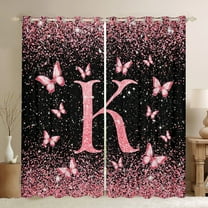Homewish Initial K Letter Black Out Curtains, Black Pink Sequin Print Curtains Pack of 2 (42x63 Each), Romantic Butterfly Animal Bedroom Curtains, Black Out Curtains Decor