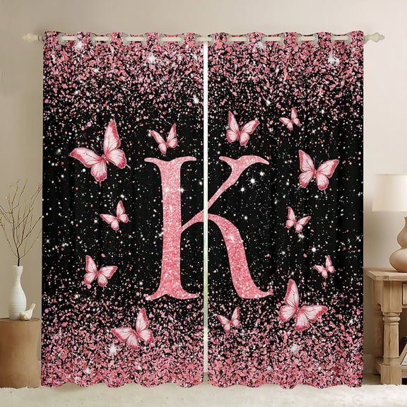 Homewish Initial K Letter Black Out Curtains, Black Pink Sequin Print Curtains Pack of 2 (42x63 Each), Romantic Butterfly Animal Bedroom Curtains, Black Out Curtains Decor
