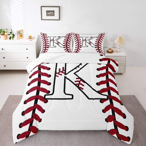 Homewish Initial K Letter Queen Comforter Set for Teen, Baseball Sports Lover Bedding Sets, Cartoon Ball Print Reversible Bedding Comforter Set, Super Cozy Room Decor, 3pcs