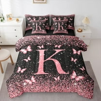 Homewish Initial K Letter Twin Bedding Sets 7-Piece, Black Pink Sequin Print Bedding Comforter Set, Romantic Butterfly Animal Reversible Sheet Sets, Luxury Bedroom Decor