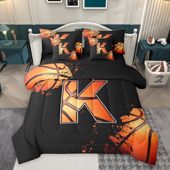 Homewish Initial K Letter Twin Bedding Sets 7-Piece for Kids, Cartoon Basketball Sport Bedding Comforter Set, Black Orange Reversible Sheet Sets, Luxury Bedroom Decor