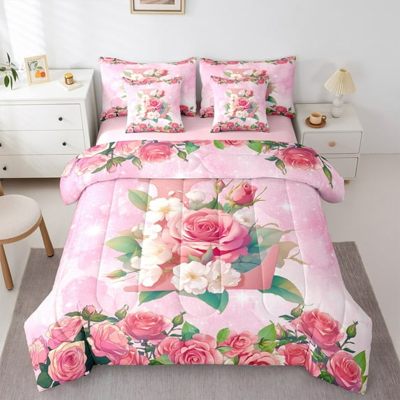 Homewish Initial L Letter Bedding Comforter Set 7 Pieces, Pink Watercolor Rose Floral Full Bedding Set, Glitter Stars Print Reversible Fitted Sheet Flat Sheet, Luxury Bedroom Decor