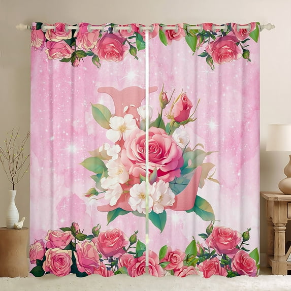 Homewish Initial L Letter Blackout Curtains Set of 2 (52x84 Each), Pink Watercolor Rose Floral Window Curtains, Glitter Stars Print Curtains and Drapes, Black Out Curtains Decor
