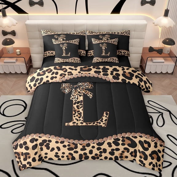 Homewish Initial L Letter Twin Bedding Sets 7-Piece, Chic Fashion Monogrammed Bedding Comforter Set, Princess Ribbon Style Reversible Sheet Sets, Microfiber Bedroom Decor