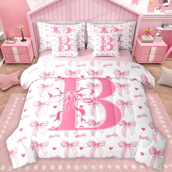 Homewish Initial Letter B 7-Piece Bedding Comforter Set,Kawaii Bow Ribbon King Bedding Sets,Pink Heart Print Bed Sheets For Girl,Breathable Bedroom Decoration Reversible