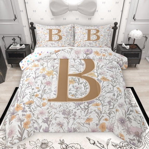 Homewish Initial Letter B Bedding Comforter Set,Cute Country Flower Twin Comforter Sets,Gold White Bedding Set For Girl,Breathable Bedroom Decoration Reversible,2-Piece