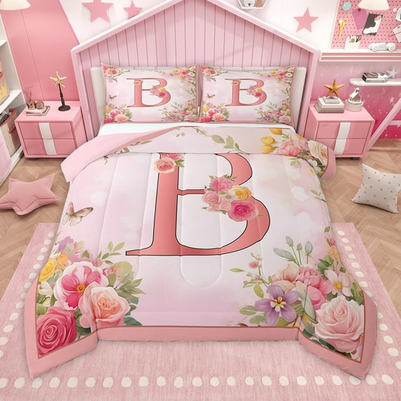 Homewish Initial Letter B Full Size Comforter Sets,Kawaii Flower Floral Bedding Comforter Set,Girls Pink Bedding Sets For Princess,Breathable Bedroom Decoration Reversible,3 Pieces