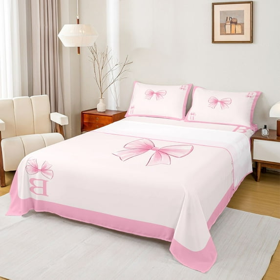 Homewish Initial Letter B Full Size Sheets,Cute Cartoon Bow Bed Sheets,Pink Bowknot Sheet Sets For Girl,Breathable Bedroom Decoration,4-Piece
