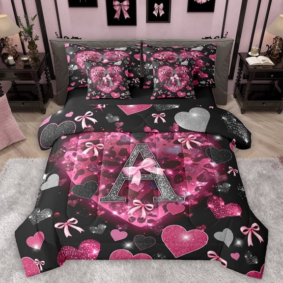 Homewish Initial A Letter Bedding Comforter Set 7 Pieces, Kawaii Princess Bowknot Full Bedding Set, Romantic Love Heart Reversible Fitted Sheet Flat Sheet, Breathable Home Decor
