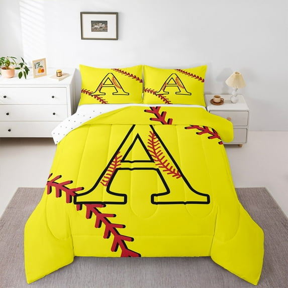 Homewish Initial A Letter Bedding Comforter Set for Teen, Baseball Sports Lover Twin Comforter Sets, Cartoon Softball Print Reversible Bedding Set, Breathable Home Decor, 2-Piece