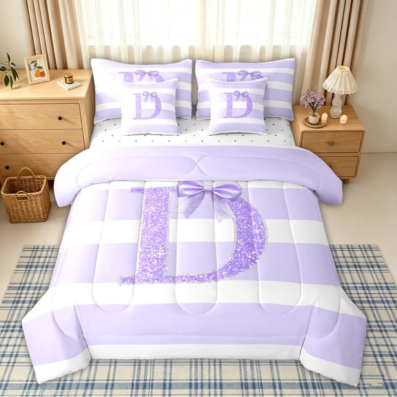 Homewish Princess Initial Letter D Bedding Comforter Set 7pcs for Girls Women, Modern Abstract King Bedding Sets, Reversible