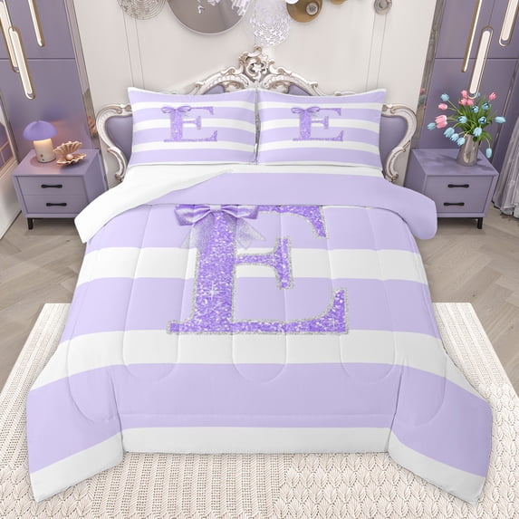 Homewish Initial Letter E Queen Comforter Set, Cartoon Monogrammed Bedding Sets, Princess Ribbon Bedding Comforter Set, Luxury Bedroom Decor,3-Piece