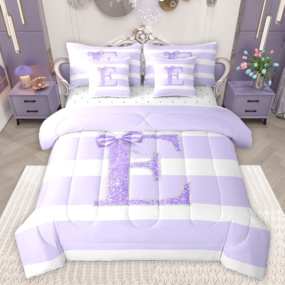 Homewish Initial Letter E Twin Bedding Sets 7-Piece, Cartoon Monogrammed Bedding Comforter Set, Princess Ribbon Sheet Sets, Luxury Bedroom Decor