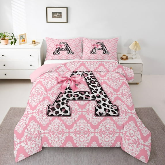 Homewish Initial A Letter Full Size Comforter Sets for Kids, Bohemian Damask Flower Bedding Comforter Set, Pink Princess Bowknot Reversible Bedding Sets, Lightweight Room Decor, 3pcs