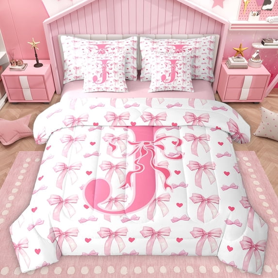 Homewish Initial Letter J 7-Piece Twin Bedding Sets,Kawaii Bow Ribbon Bedding Comforter Set,Pink Heart Print Sheet Sets For Girl,Breathable Bedroom Decoration Reversible