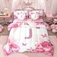 thumbnail image 1 of Homewish Initial Letter J 7pcs Bedding Comforter Set,Kawaii Flower Floral Queen Bedding Sets,Pink Sequin Print Queen Sheet Sets For Girl,Breathable Bedroom Decoration Reversible, 1 of 8