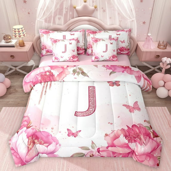 Homewish Initial Letter J 7pcs Bedding Comforter Set,Kawaii Flower Floral Queen Bedding Sets,Pink Sequin Print Queen Sheet Sets For Girl,Breathable Bedroom Decoration Reversible