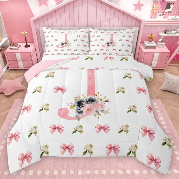Homewish Initial Letter J Bedding Comforter Set,Cute Bow Ribbon Twin Comforter Sets,Cute Flower Floral Bedding Set For Girl,Breathable Bedroom Decoration Reversible,2pcs