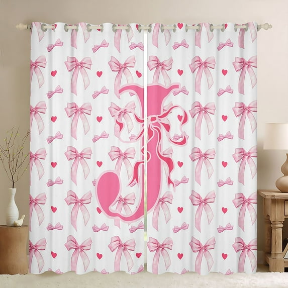 Homewish Initial Letter J Blackout Curtains Set of 2 (52x84 Each),Kawaii Bow Ribbon Window Curtains,Pink Heart Print Curtains and Drapes For Girl,Breathable Bedroom Decoration