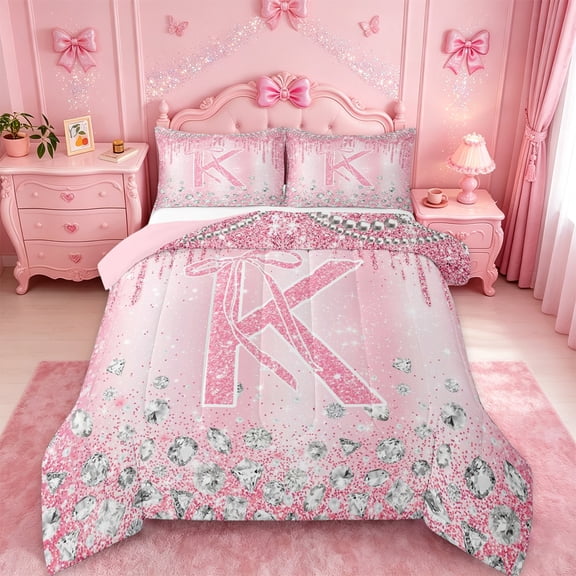Homewish Initial Letter K Bedding Comforter Set,Pink Sequin Print Twin Comforter Sets,3D Diamond Bedding Set For Girl,Breathable Bedroom Decoration Reversible,2-Piece
