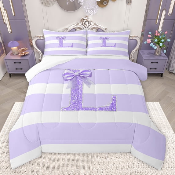 Homewish Initial Letter L Queen Comforter Set, Abstract Geometric Bedding Sets, Cartoon Princess Style Bedding Comforter Set, Ultra Soft Home Decor,3 Pieces