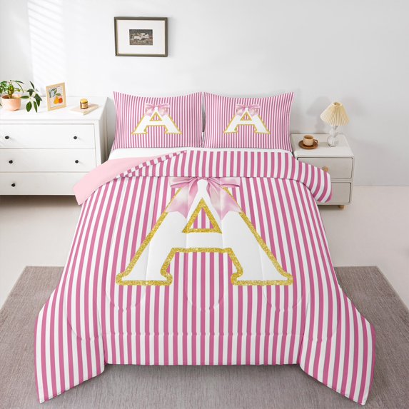 Homewish Initial A Letter Queen Comforter Set, Girly Pink Stripes Abstract Bedding Sets, Princess Cartoon Bowknot Reversible Bedding Comforter Set, Microfiber Bedroom Decor, 3 Pieces