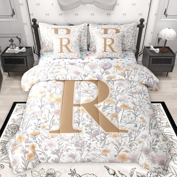 Homewish Initial Letter R 7pcs Bedding Comforter Set,Cute Country Flower Queen Bedding Sets,Gold White Queen Sheet Sets For Girl,Breathable Bedroom Decoration Reversible