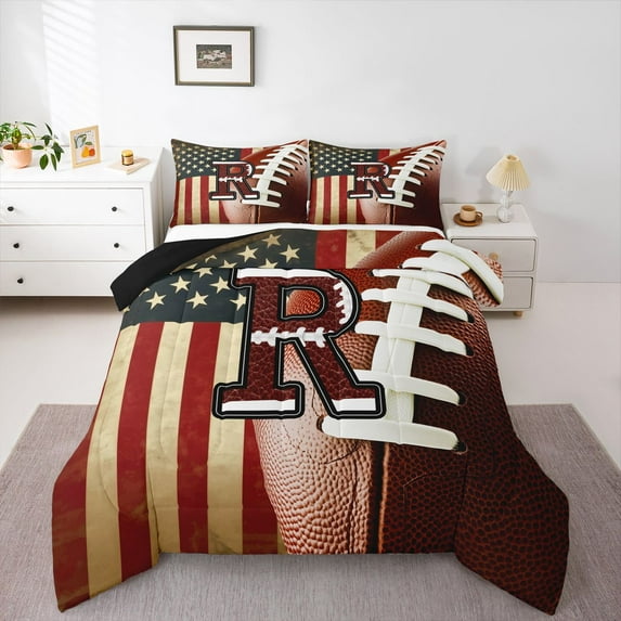 Homewish Initial Letter R Full Size Comforter Sets,Boys Football Game Bedding Comforter Set,Teens Rugby Theme Bedding Sets For Boy Teens,Breathable Bedroom Decoration Reversible,3-Piece