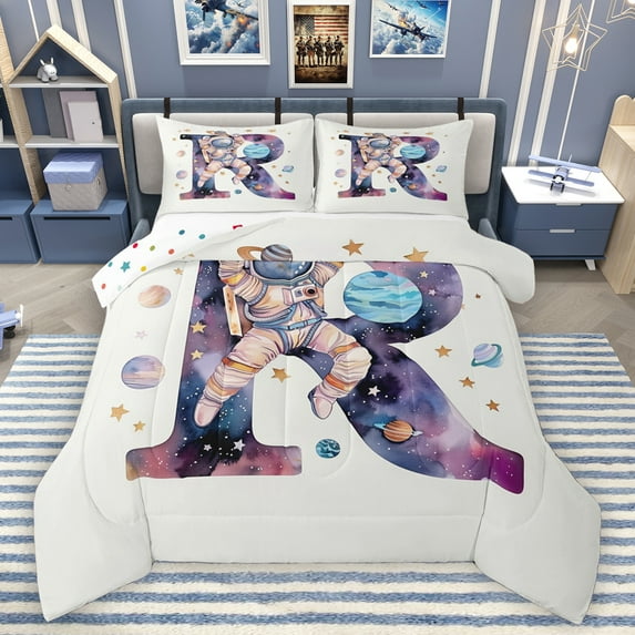 Homewish Initial Letter R Full Size Comforter Sets,Watercolor Galaxy Planet Bedding Comforter Set,Cute Astronaut Stars Bedding Sets For Boys,Breathable Bedroom Decoration Reversible,3 Pieces