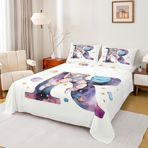 Homewish Initial Letter R Full Size Sheets,Watercolor Galaxy Planet Bed Sheets,Cute Astronaut Stars Sheet Sets For Boys,Breathable Bedroom Decoration,4 Pieces