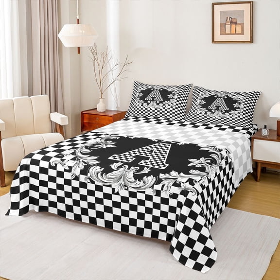 Homewish Initial A Letter Twin Sheet Sets for Kids, Hippie Damask Floral Twin Fitted Sheet, Black White Checkered Flat Sheet, Ultra Soft Bedroom Decor, 3 Pieces
