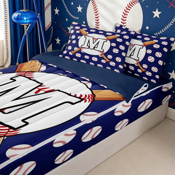 Homewish Initial M Baseball Print Zipper Twin Comforter Sets with Fitted Sheet and 2 Pillowcases for Boys Girls,Teens Sport Theme Zipper Bedding Set,4-Piece,Navy Blue Reversible
