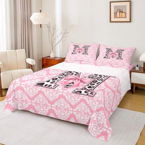 Homewish Initial M Letter Bed Sheets for Kids, Bohemian Damask Flower King Sheets, Pink Princess Bowknot Sheet Set, Lightweight Room Decor, 4pcs