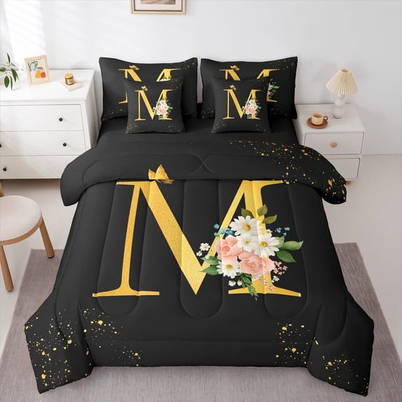 Homewish Initial M Letter Bedding Comforter Set 7pcs, Butterfly Rose Floral Queen Bedding Sets, Black Gold Sequin Print Reversible Queen Sheet Sets, Lightweight Room Decor