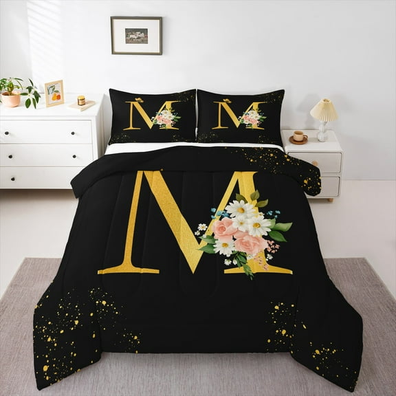 Homewish Initial M Letter Bedding Comforter Set, Butterfly Rose Floral Twin Comforter Sets, Black Gold Sequin Print Reversible Bedding Set, Lightweight Room Decor, 2-Piece