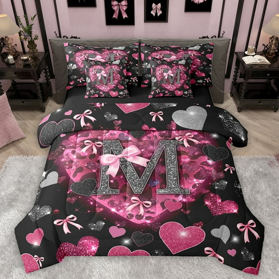 Homewish Initial M Letter Bedding Comforter Set, Kawaii Princess Bowknot King Bedding Sets, Romantic Love Heart Reversible Bed Sheets, Breathable Home Decor